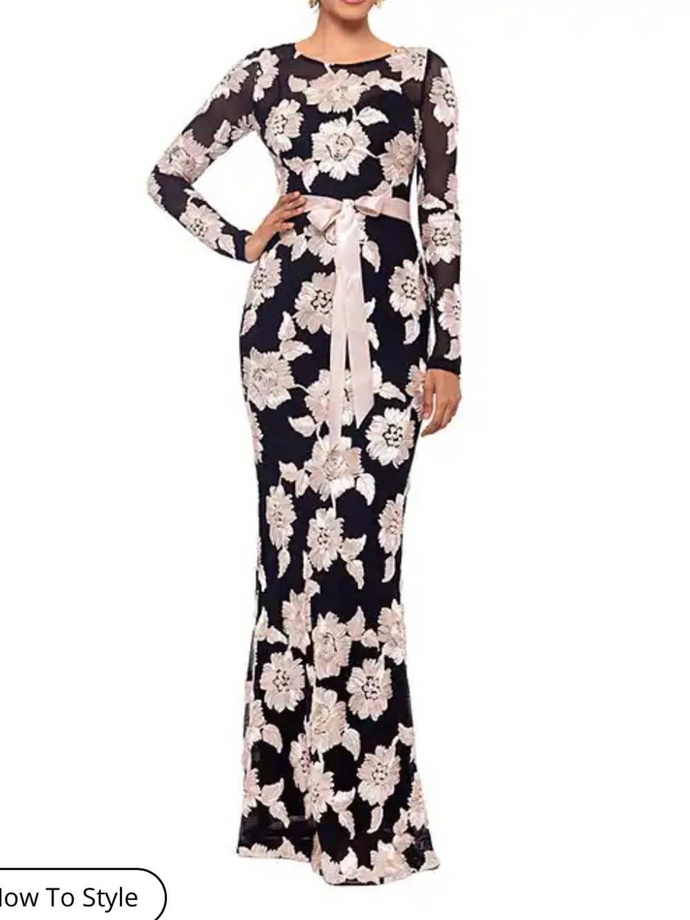 Betsy & Adam Floral Embroidered Mesh Tie Waist Gown Black Champagne 10